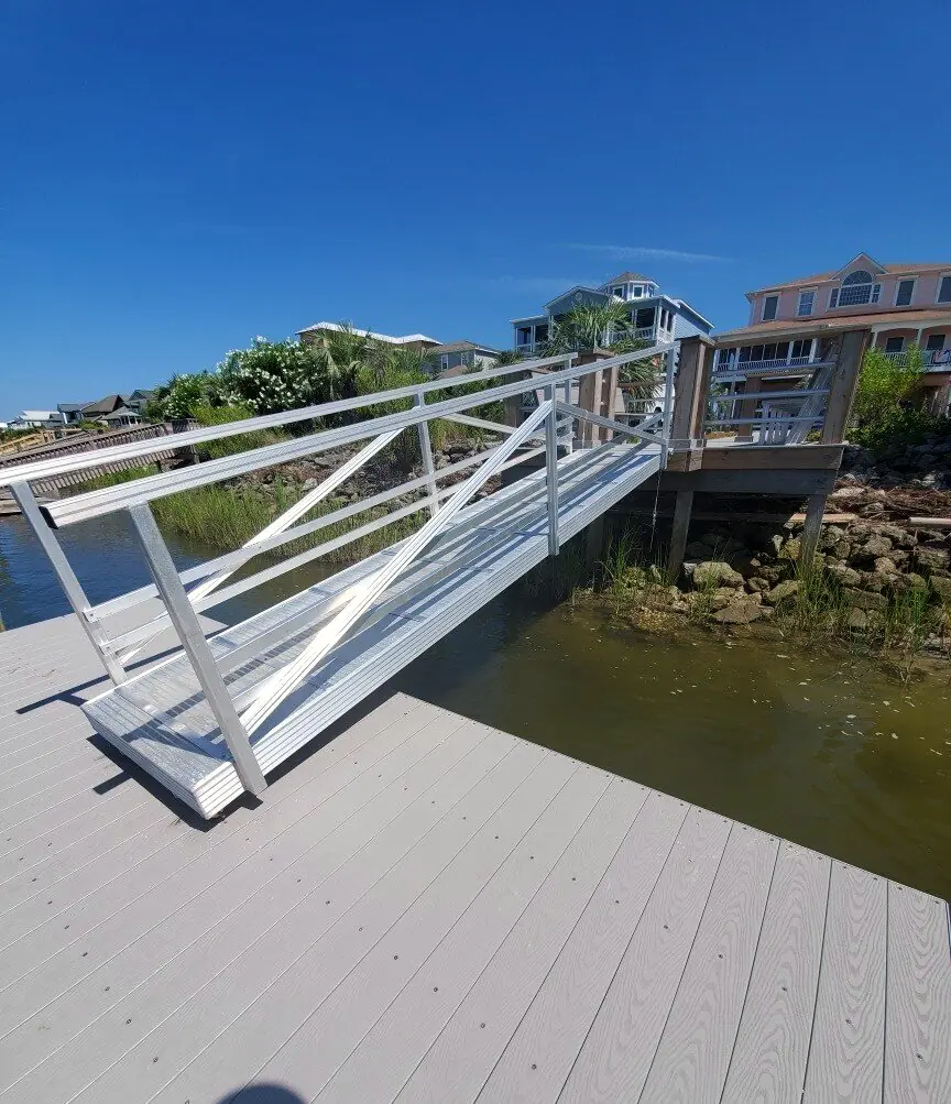 Close view of an aluminum gangway with composite decking and welded rails