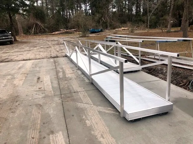 Aluminum gangway frames laid out after fabrication