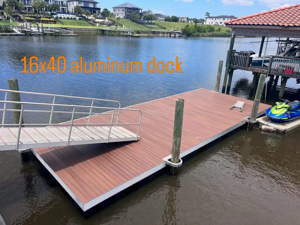 16 by 40 foot aluminum floating dock with wood-tone composite decking